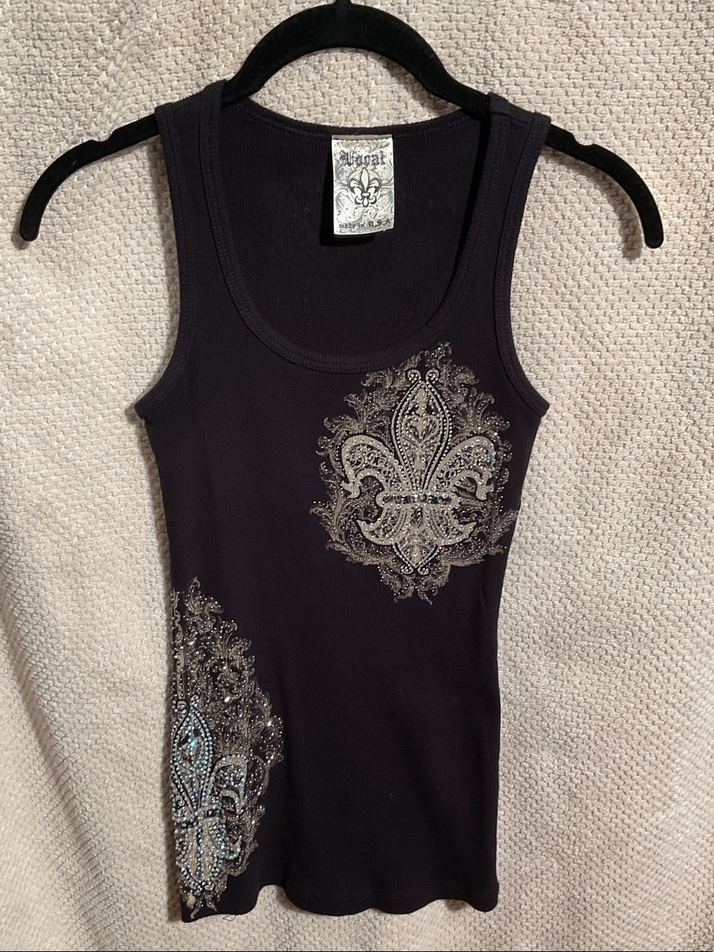 Vocal Black Tank Top with Metallic Fleur-de-Lis Embellishments